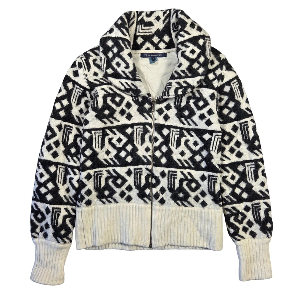 Vtg French Connection Wool Mohair Geometric Zip Up Sweater Womens M Boho Western